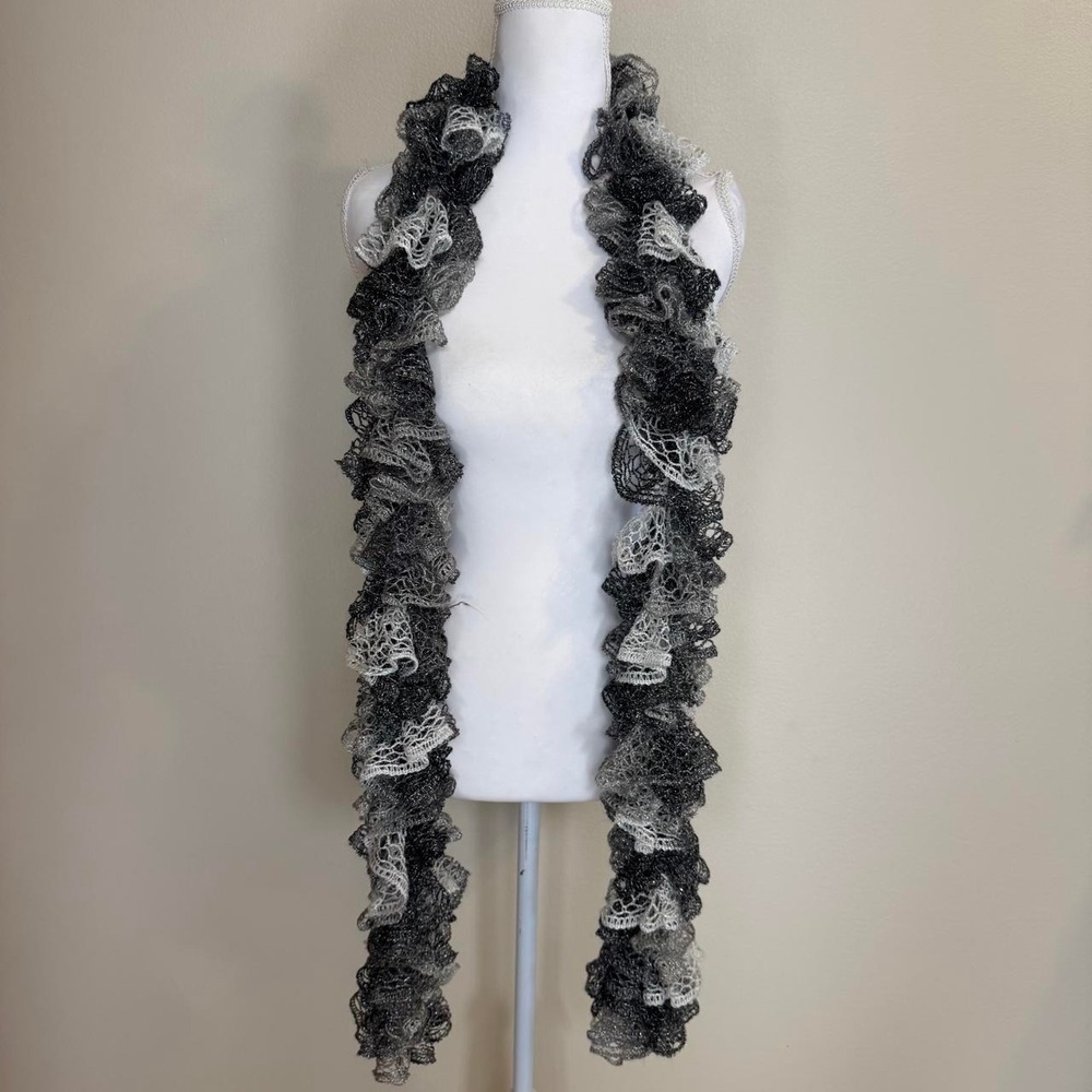Crochet Knit Grey Ruffle Scarf Y2k Whimsigoth